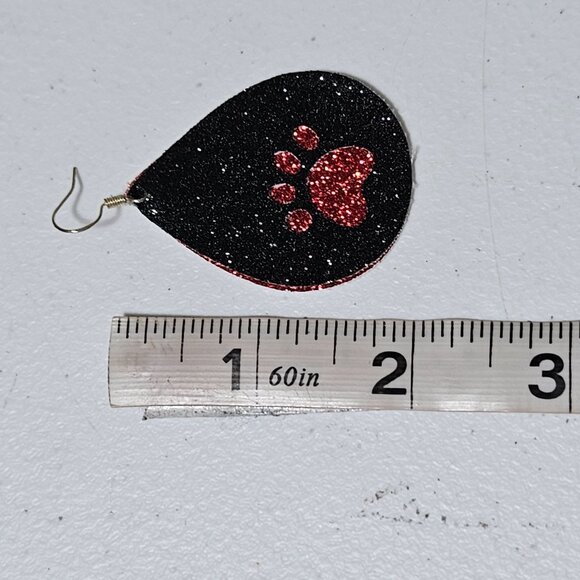 Handmade Paw Print Black Red Glitter Earrings Dog Lover Faux Leather Fabric - Picture 3 of 3